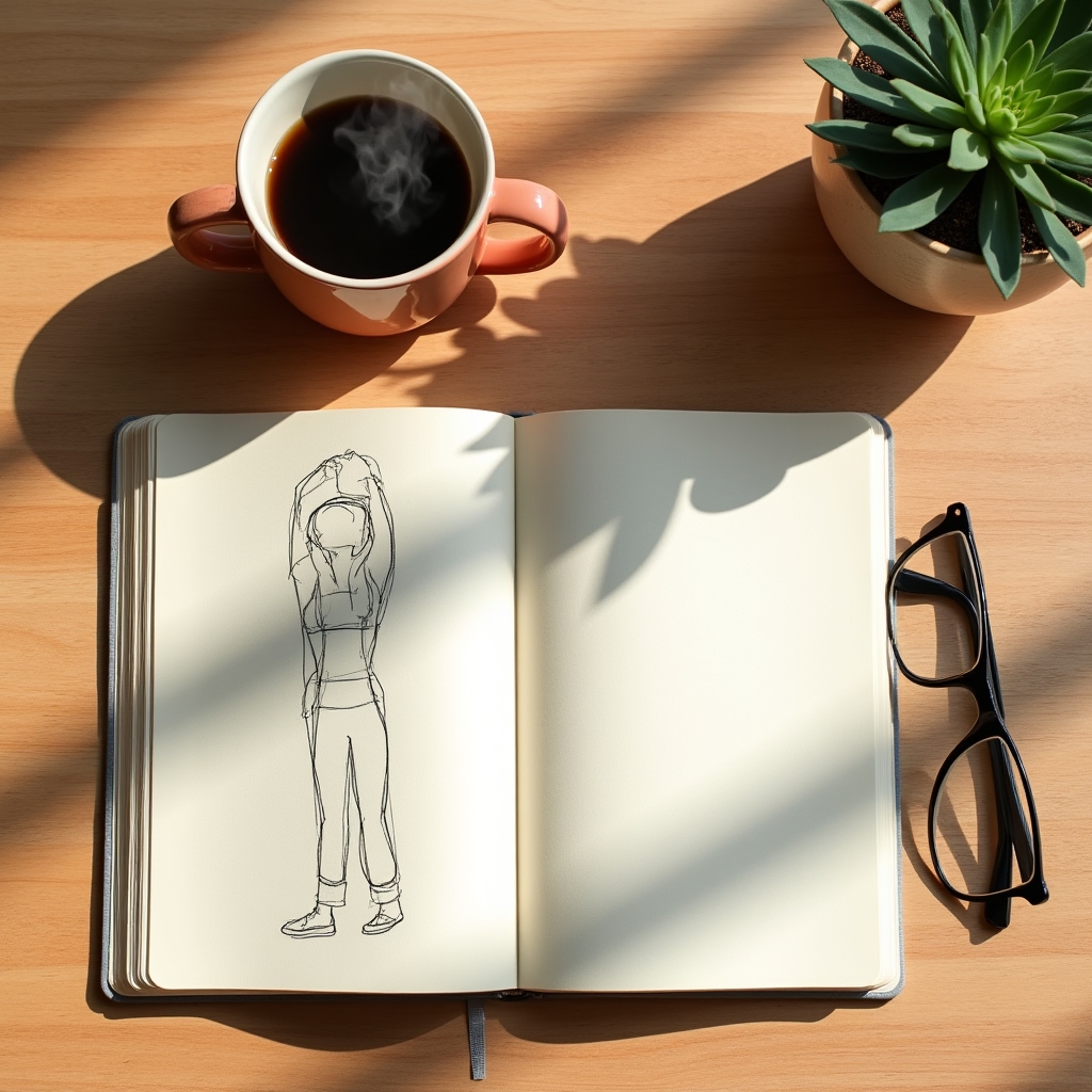 Flat lay of a desk with notebook, coffee, and a small stretching diagram