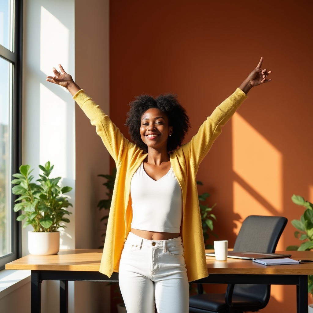 Office worker pausing at a standing desk to stretch during a break