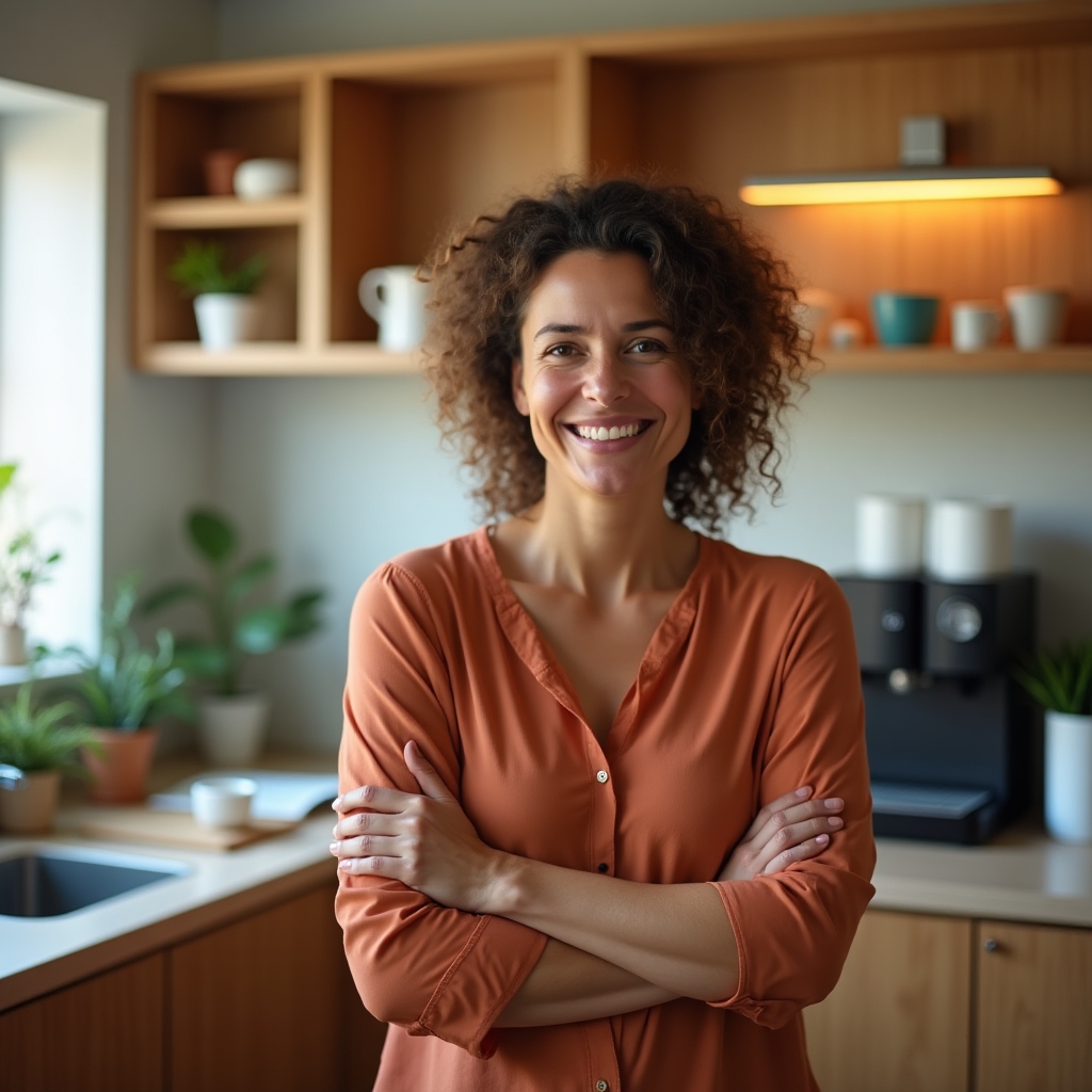Person doing a light stretch near a kitchen counter during a work break