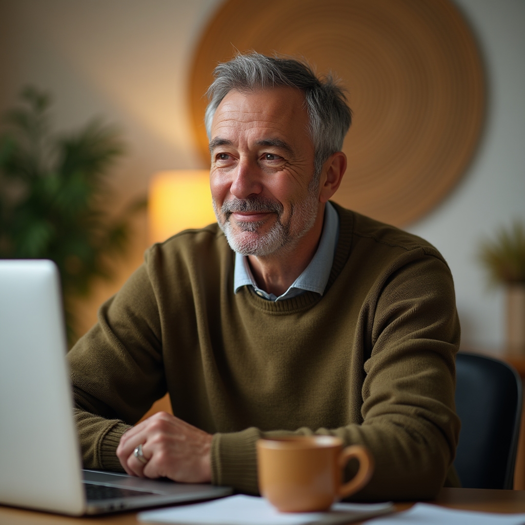 Person adjusting their seated posture while working at a laptop